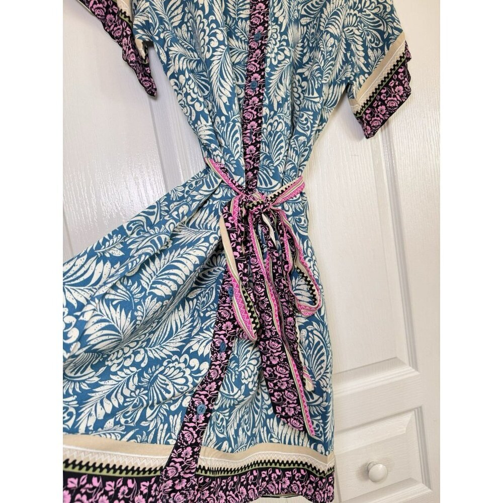 LOFT Printed Shirt Dress Belted Teal Pink Floral Boho Short Sleeve Size 8 - Picture 5 of 13